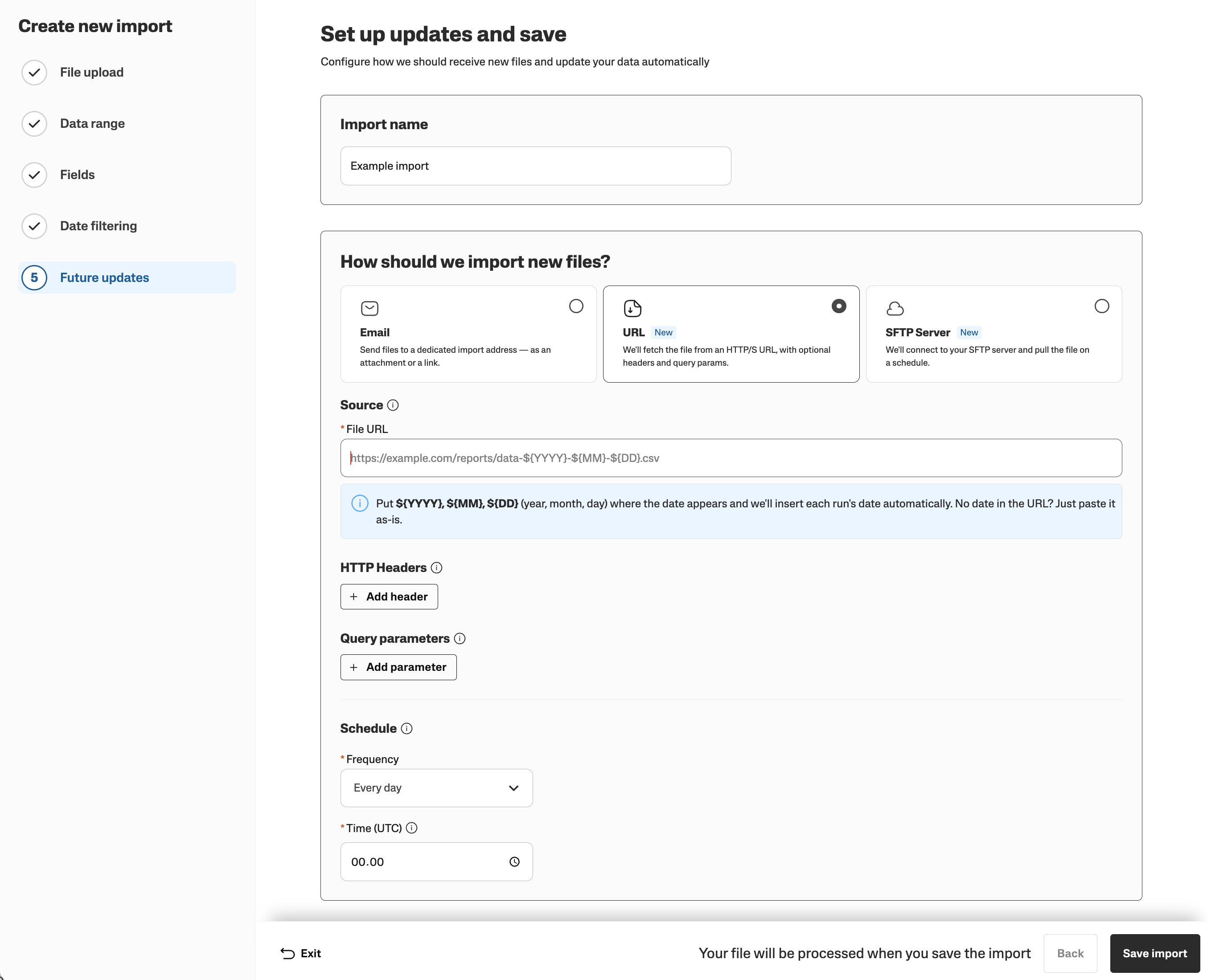 Instructions for setting up automatic file imports with various source options.
